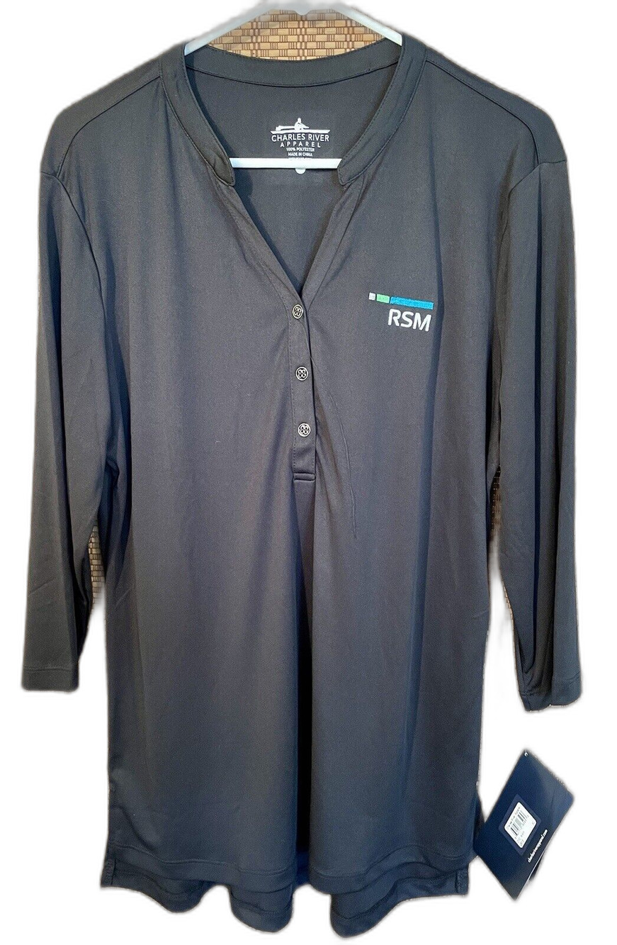 Charles River Apparel Shirt Women Size XL Black 3/4 Sleeve 2913 Windsor Henley